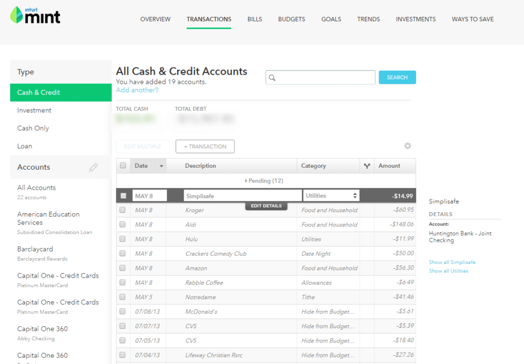 monthly budget mint transaction