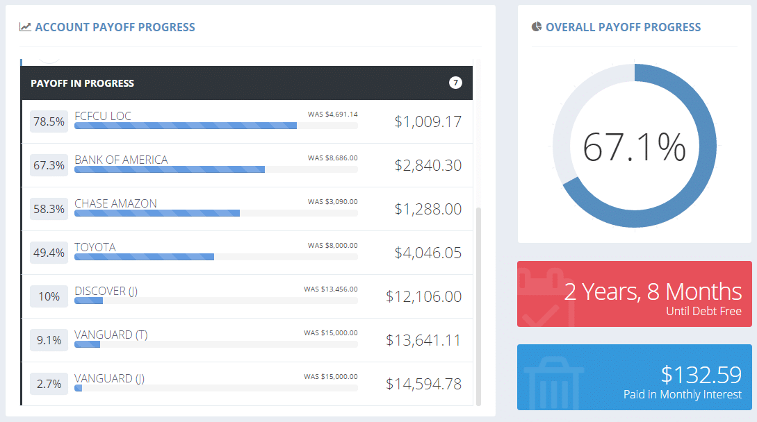 Debt payoff progress for all accounts.