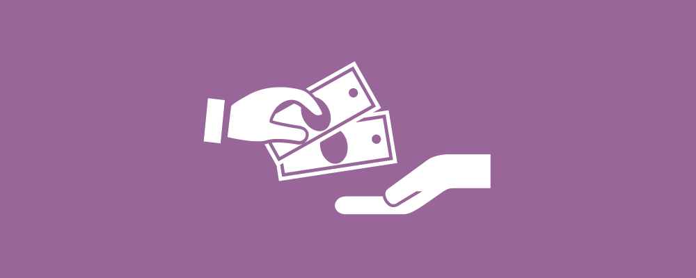 Purple background with white cartoon hands depicting someone paying someone cash.