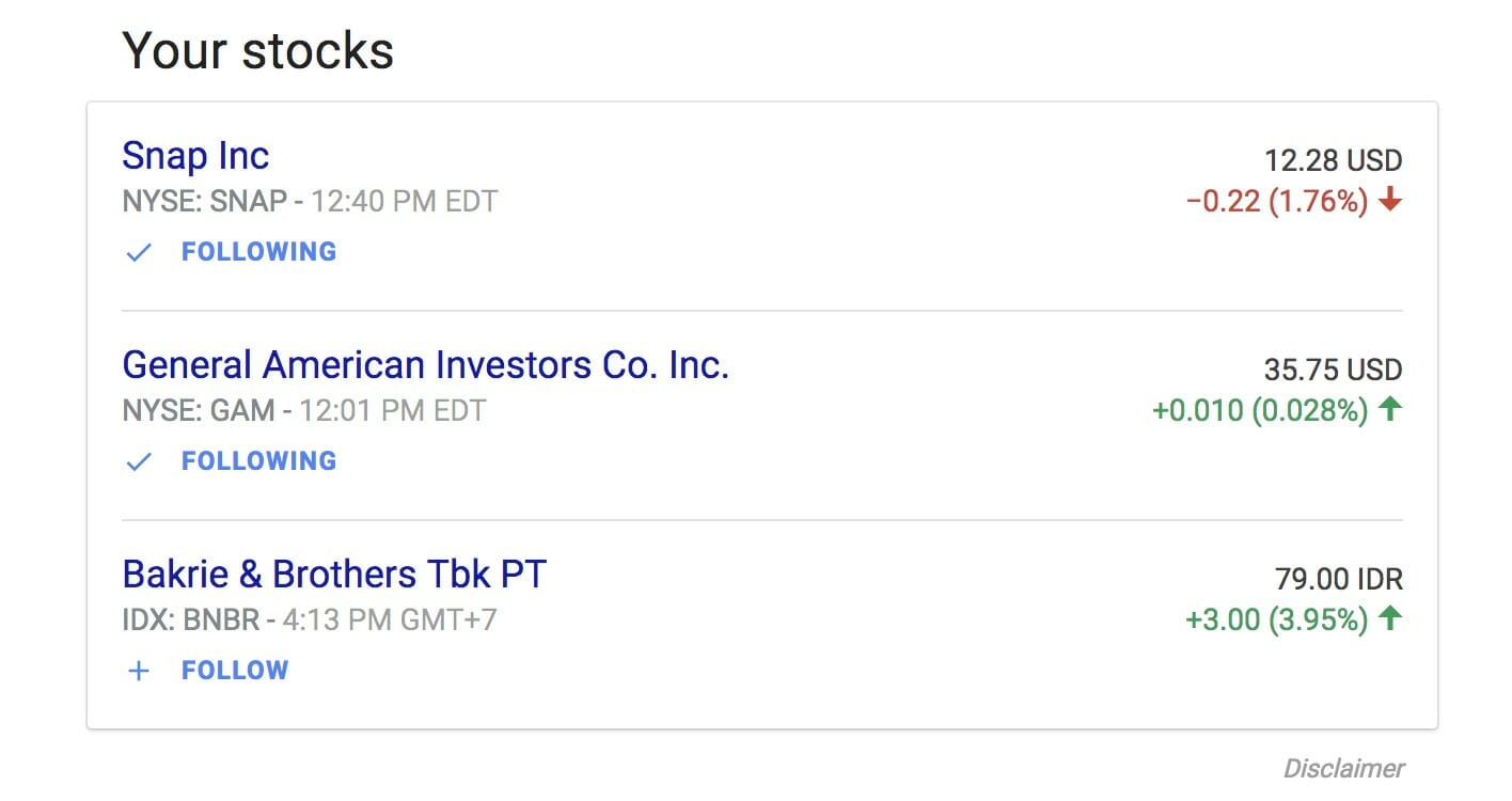 Your stocks in Google Finance, including their latest price update