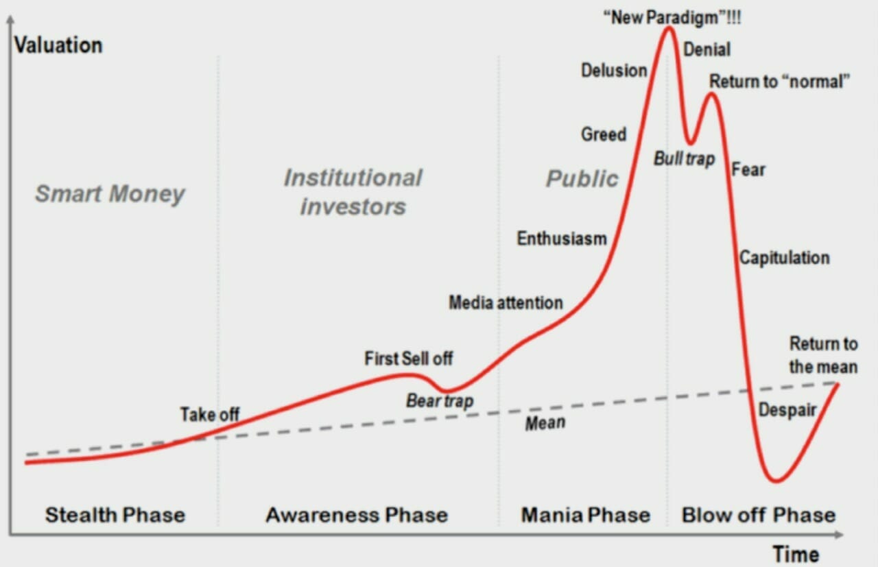 Graph that shows an economic bubble and labels the phases