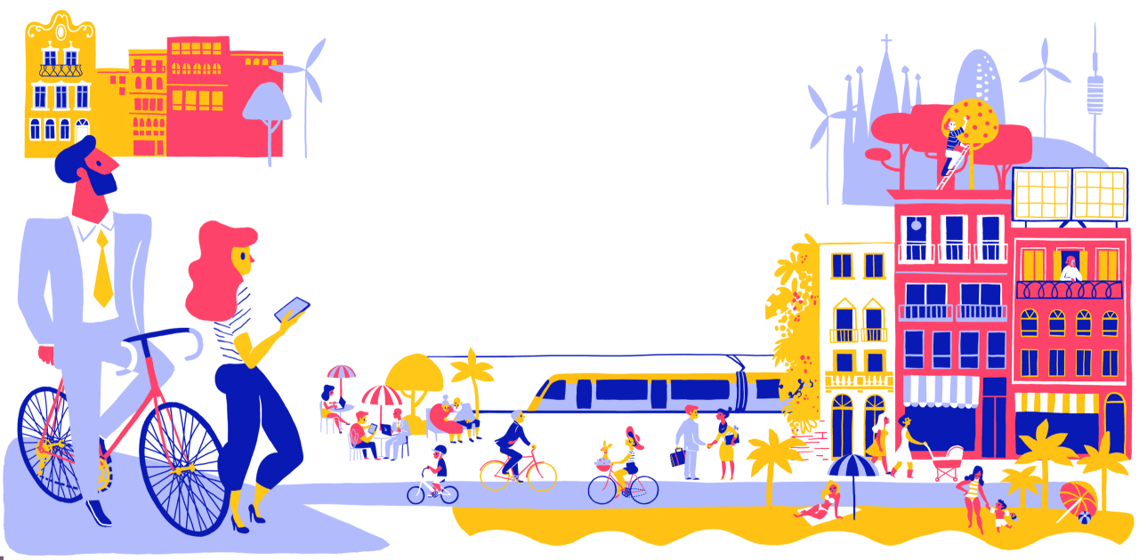 Future Barcelona, with buildings, modern windmills, and people riding bikes everywhere.