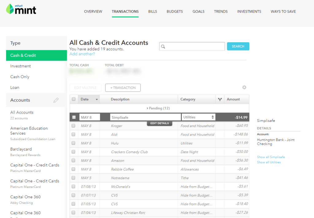 List of transactions in Mint