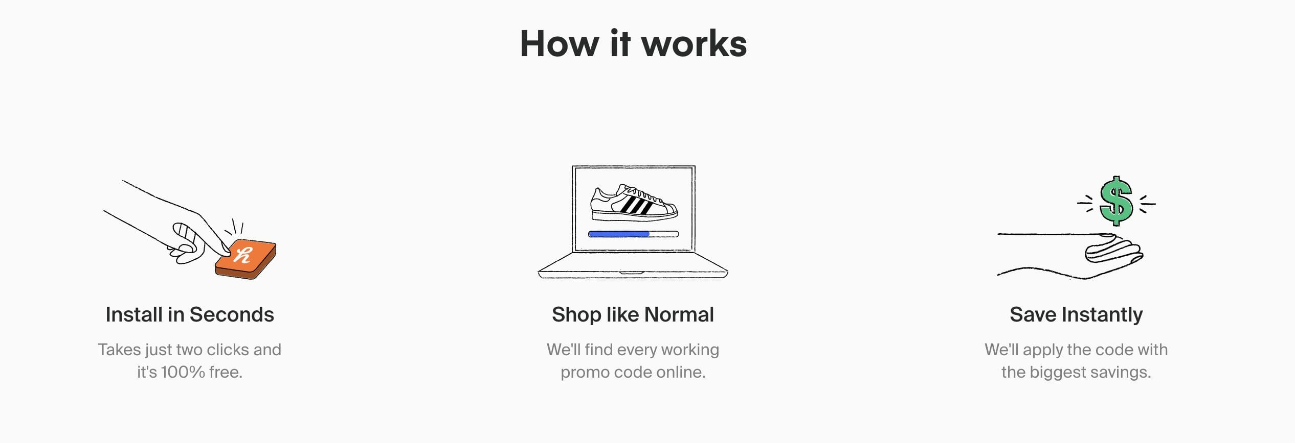 How Honey works: Install in seconds, shop like normal, save instantly.