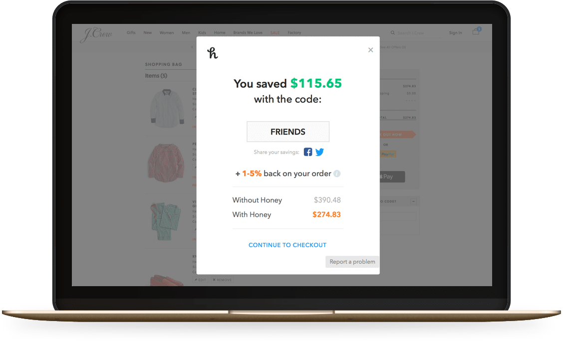 A pop-up modal from Honey showing how $115.65 was saved with the code "FRIENDS".