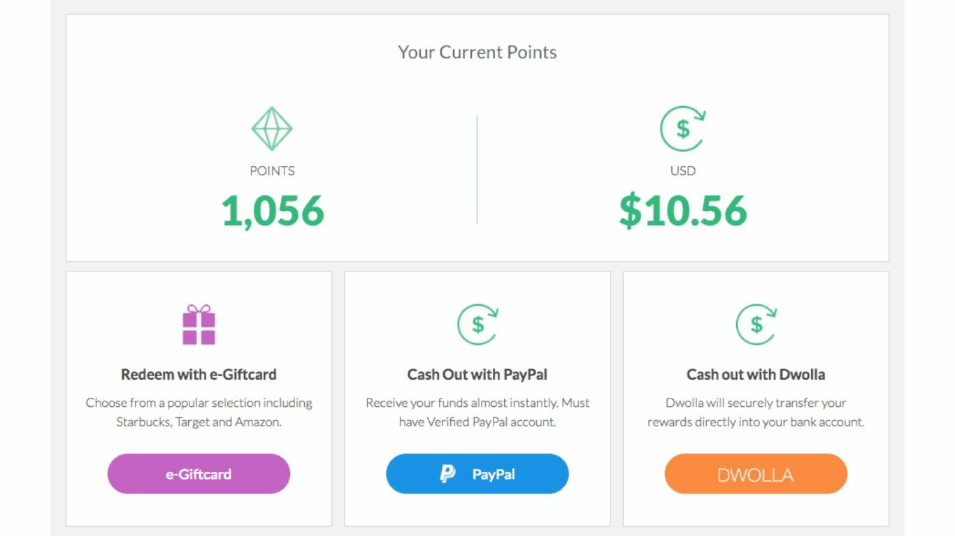 Survey Junkie page showing your current points with options of how to cash out.
