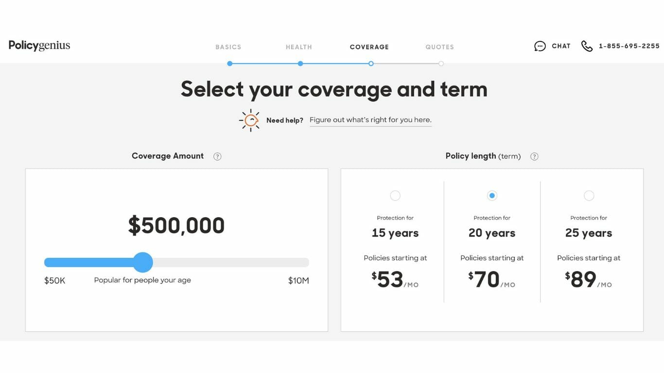 PolicyGenius asking you to select your coverage and term.