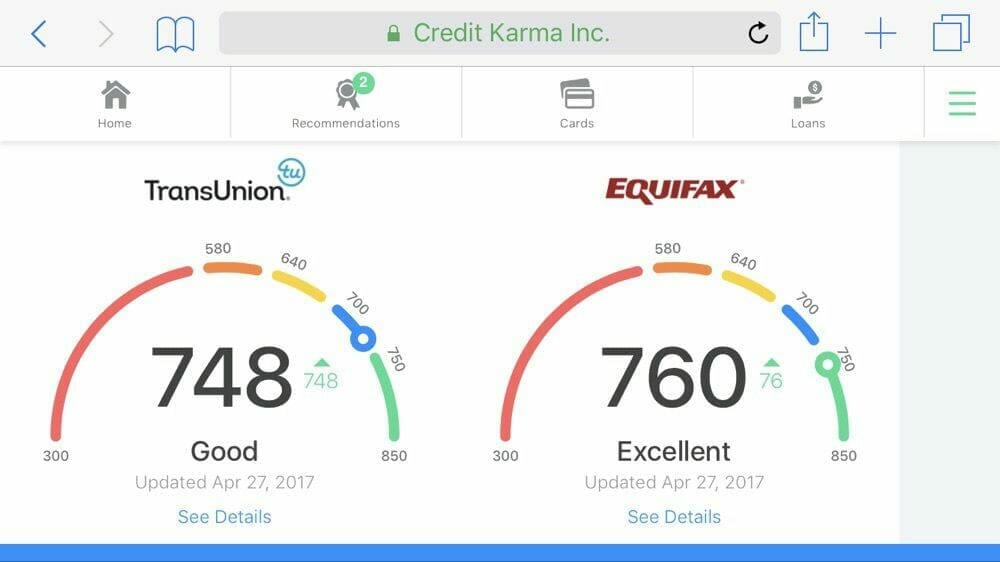 Credit Karma showing credit scores from TransUnion and Equifax.