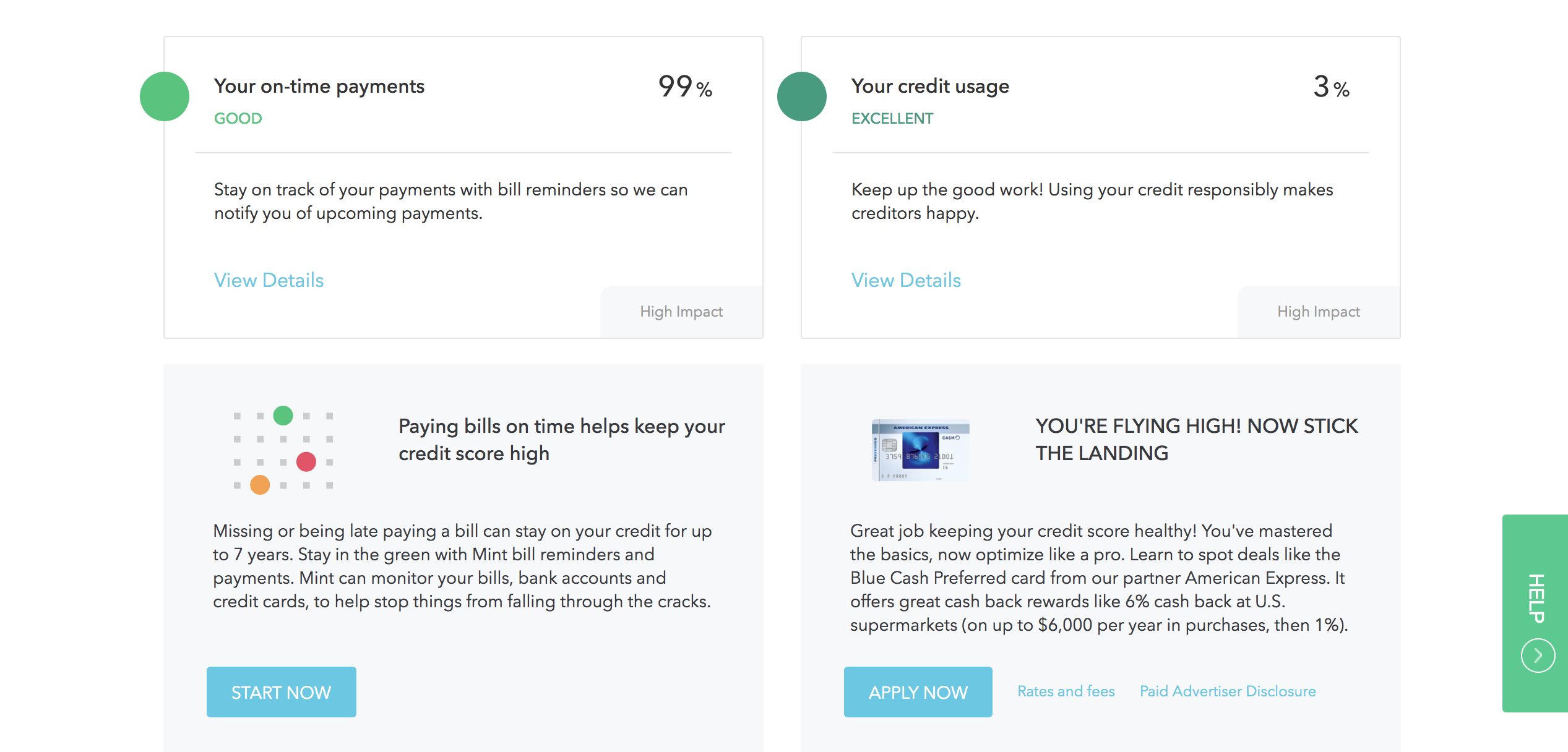 Mint showing percentage of on-time payments and credit usage.