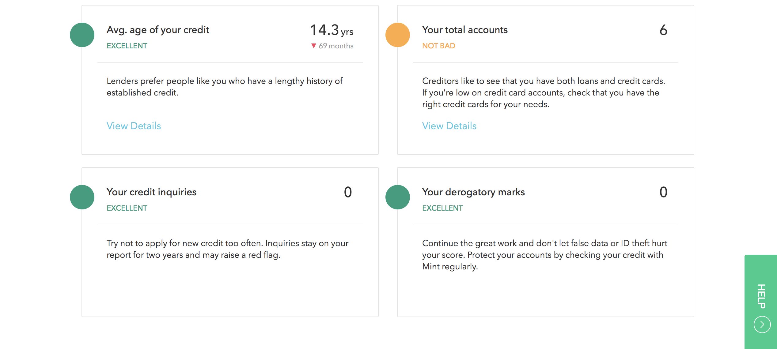 Mint showing average age of credit, total number of accounts, credit inquiries, and derogatory marks.