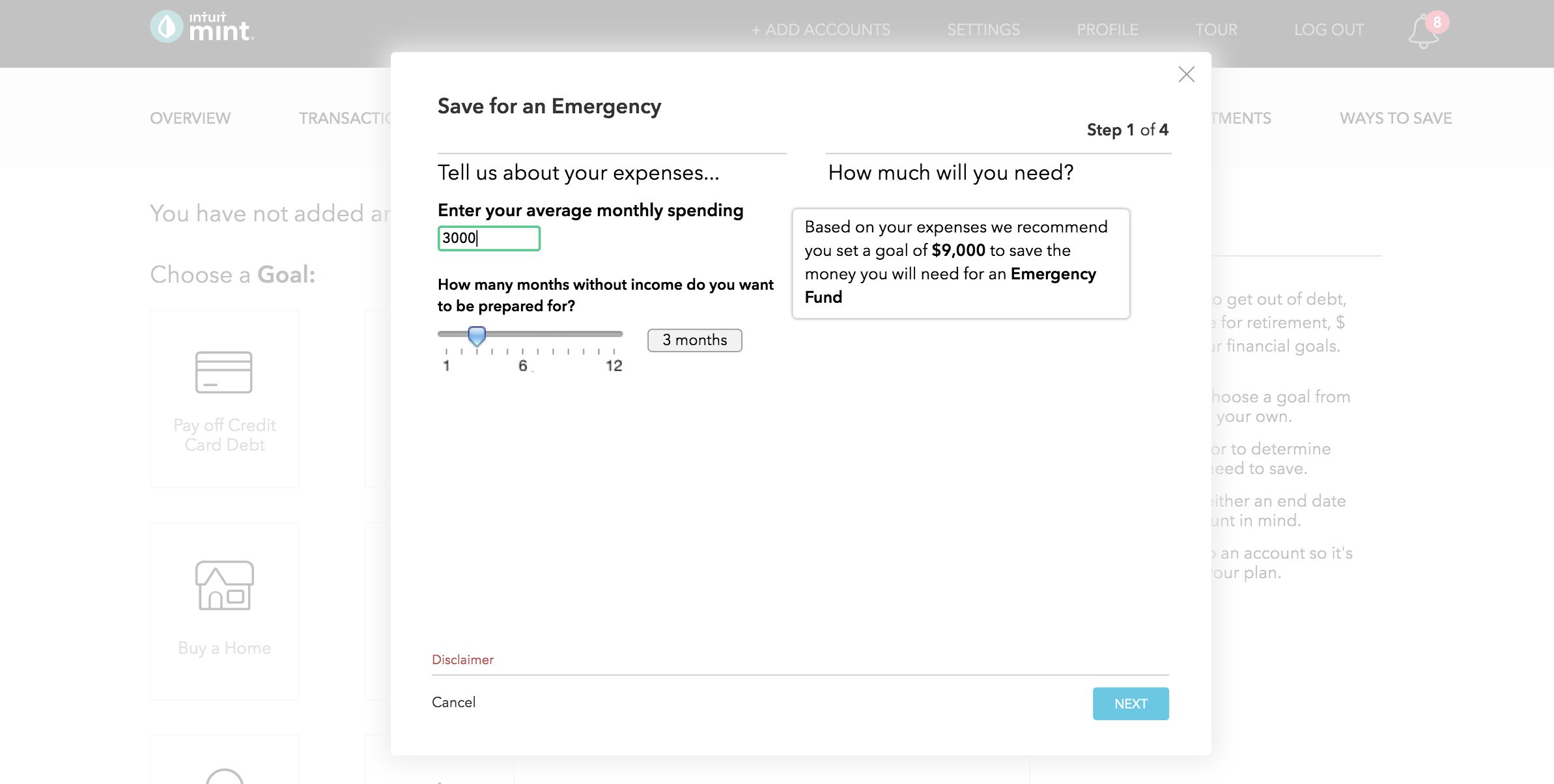 Mint setting up emergency fund by first figuring out monthly spending.