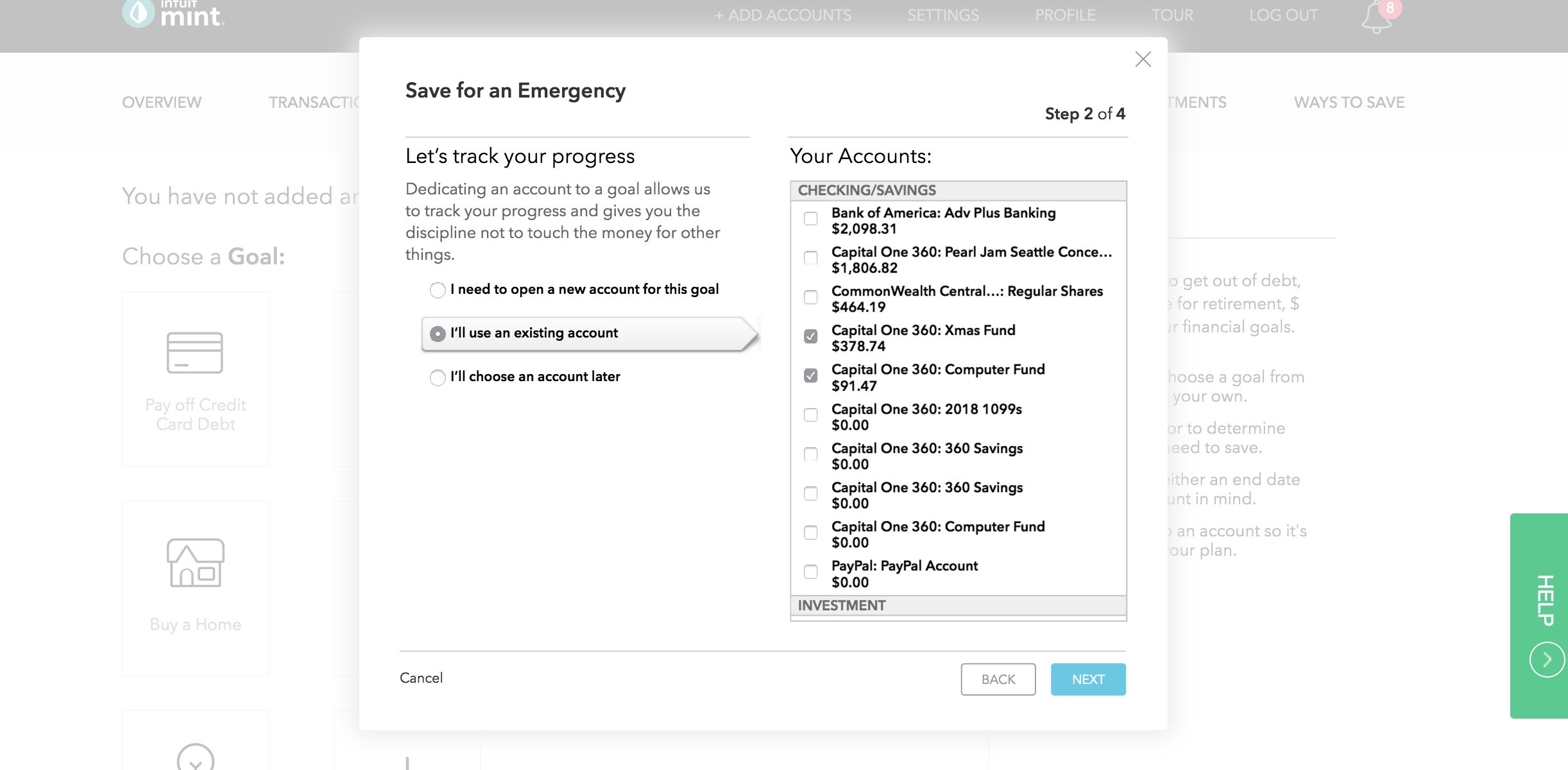 Mint asking to select accounts for emergency savings.