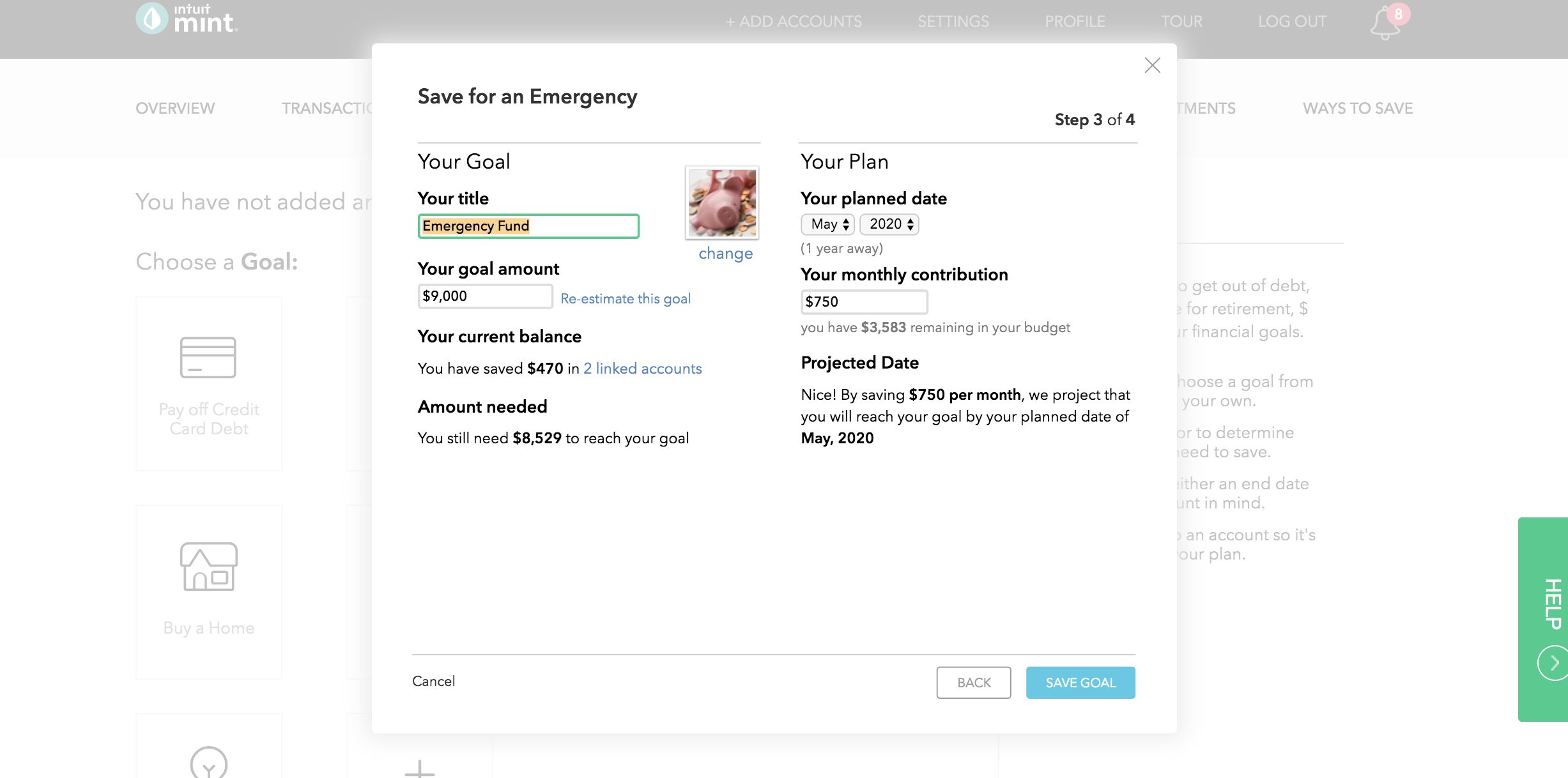 Mint having you set an emergency fund goal.