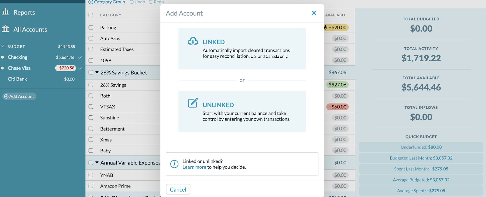 YNAB Adding Accounts