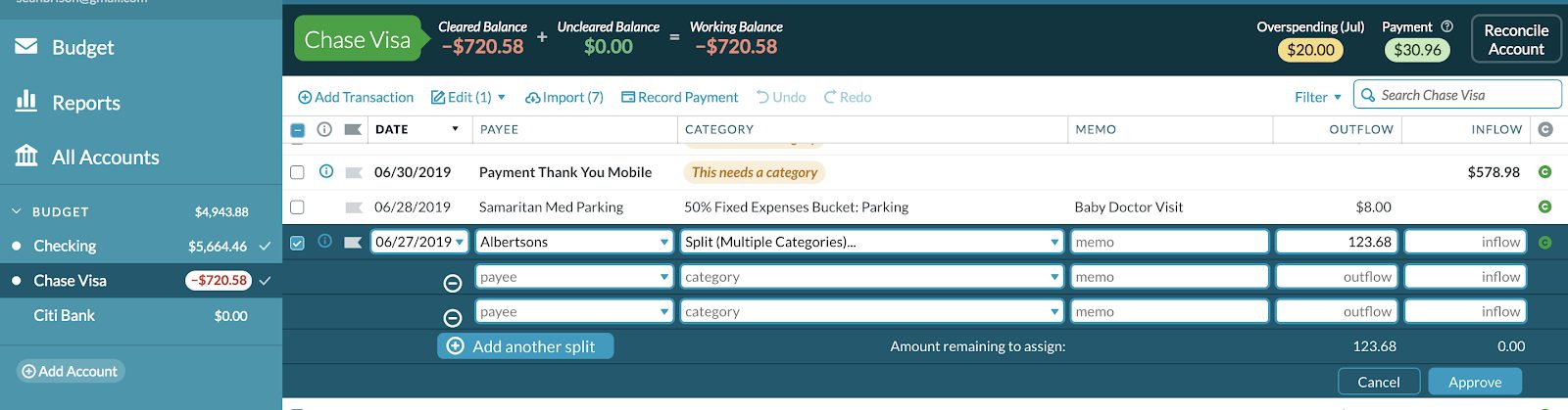 YNAB Split Transactions