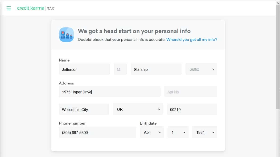 Credit Karma Tax Review - Personal Info