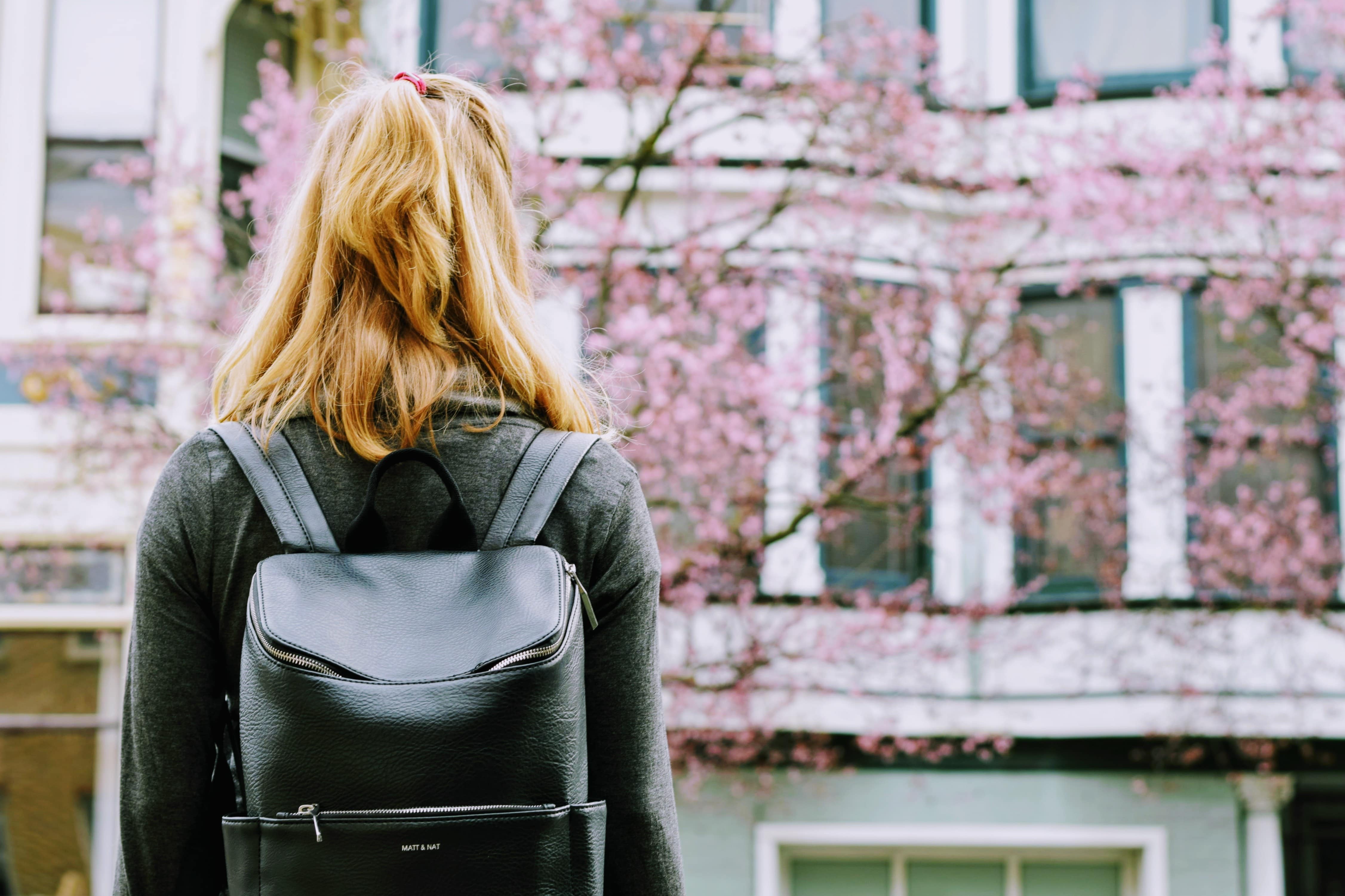 A woman is wearing a backpack and facing a cherry blossom tree.