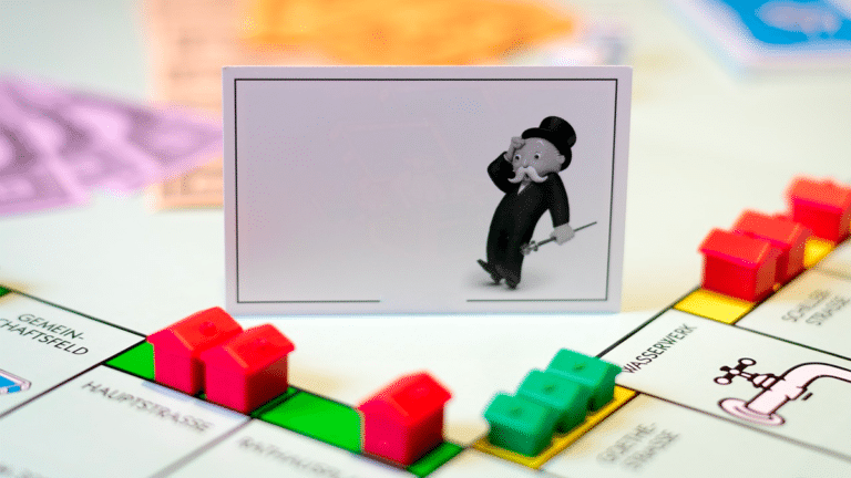 The Monopoly man in shock with multiple houses and apartments on the game board.