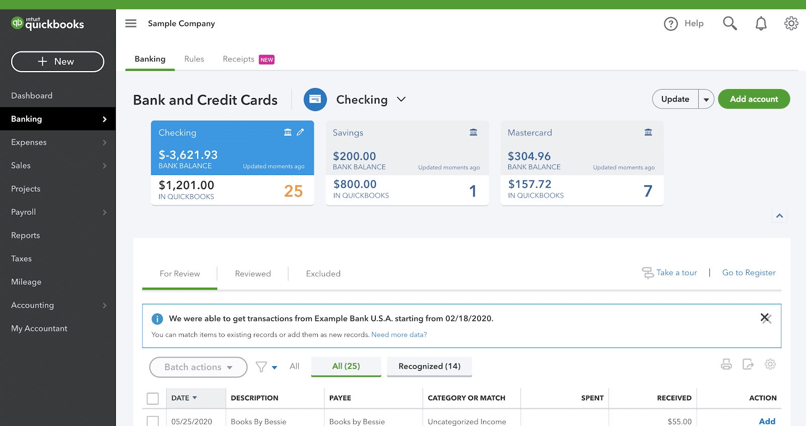 quickbooks banking feature
