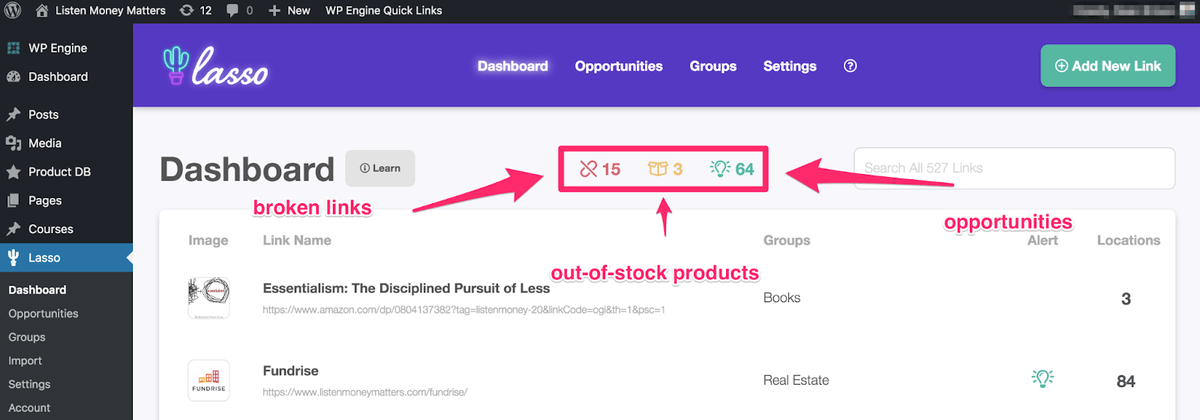 lasso dashboard displaying link alerts