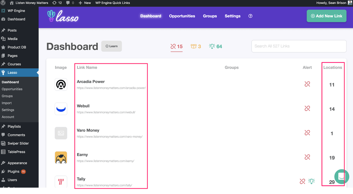 lasso wordpress plugin dashboard highlighting link name and location