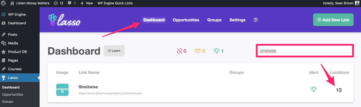 lasso dashboard and locations for finding specific affiliate urls