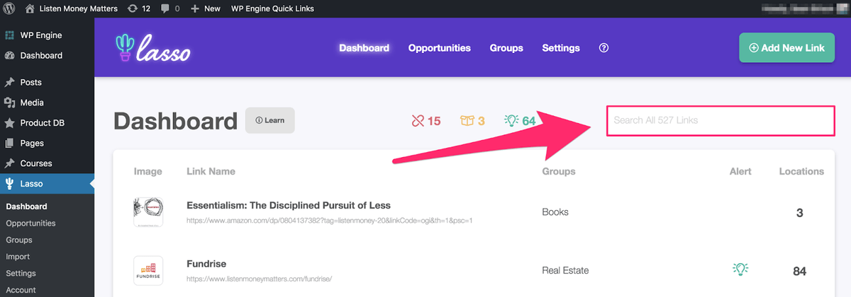 lasso wordpress plugin dashboard listing total number of site links in the search bar