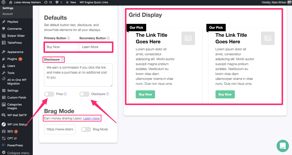 showing lasso grid displays and primary and secondary button options