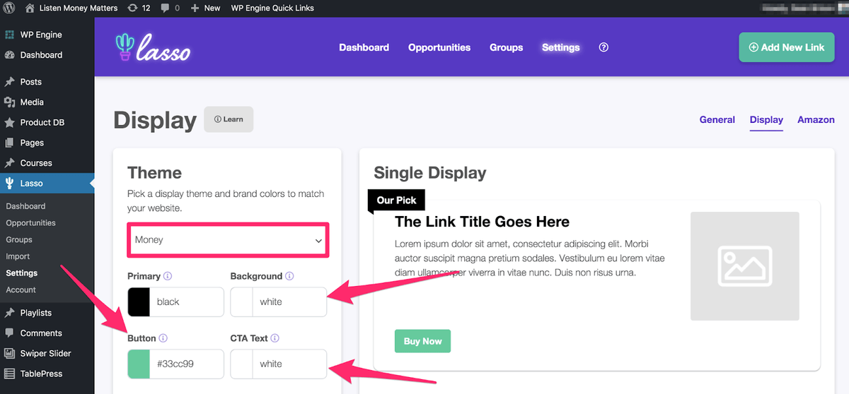 inside lasso dashboard display theme settings