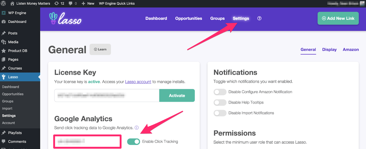 adding the google analytics tracking id in the settings page in the lasso wordpress plugin