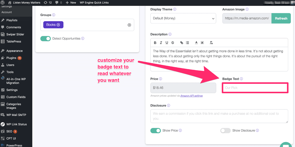 where to customize your badge text inside the lasso wordpress plugin product url page