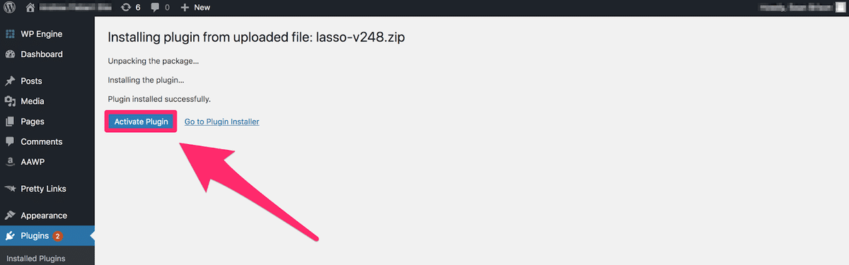 inside wordpress dashboard activating the lasso wordpress plugin