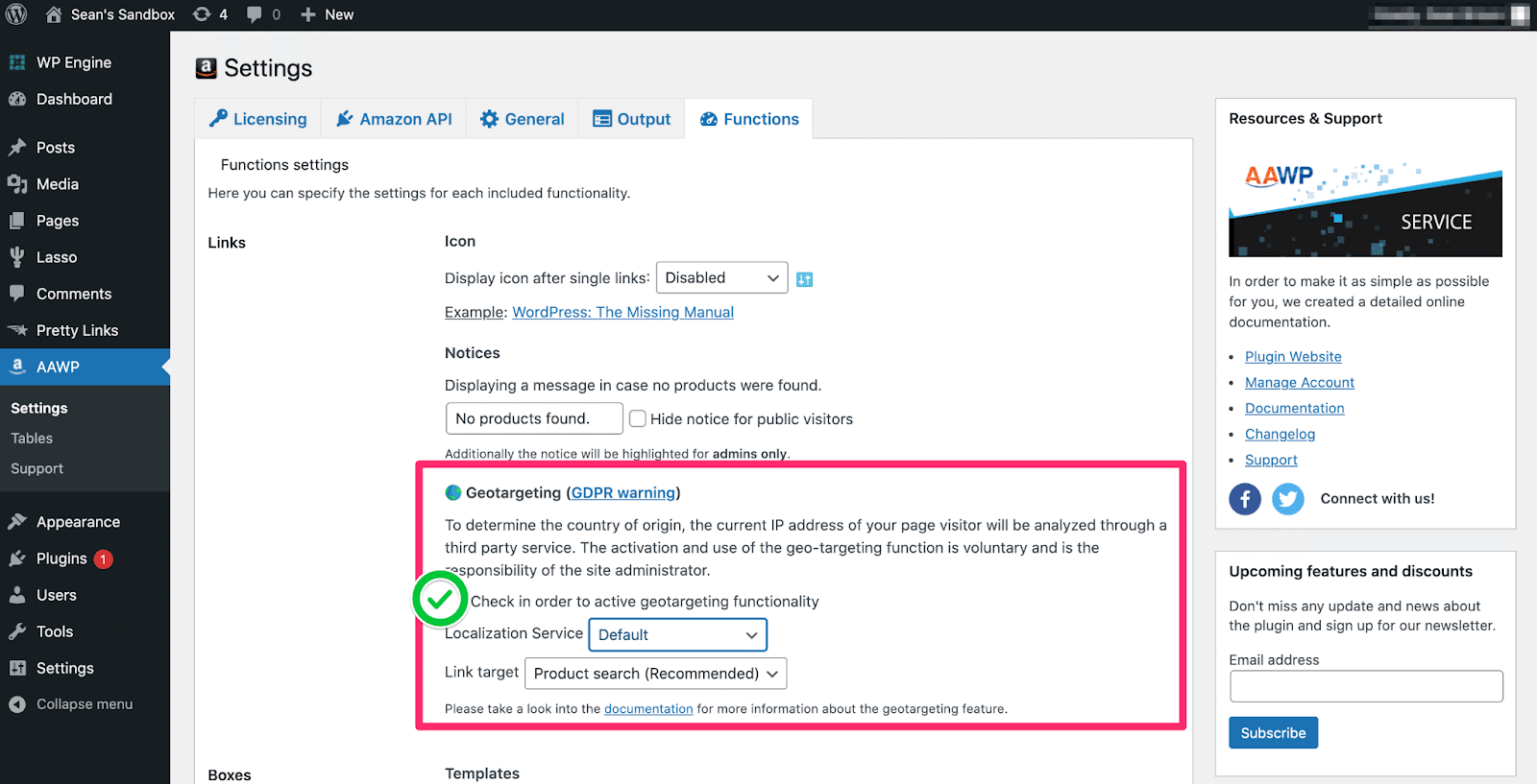 ticking the box to enable geo-targeting inside aawp plugin for wordpress