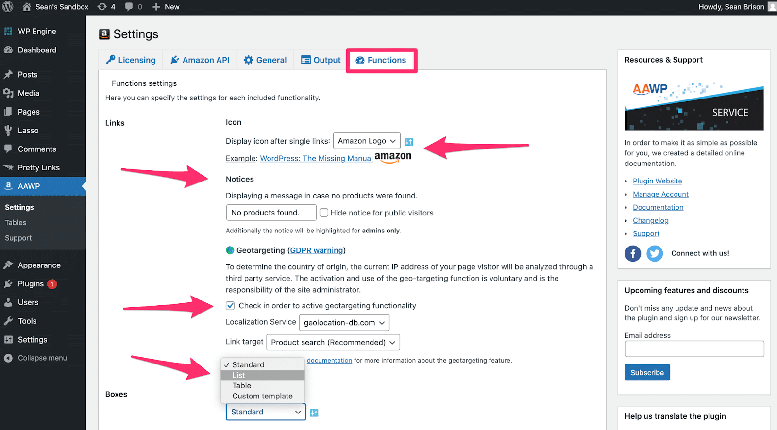 configuring functions tab