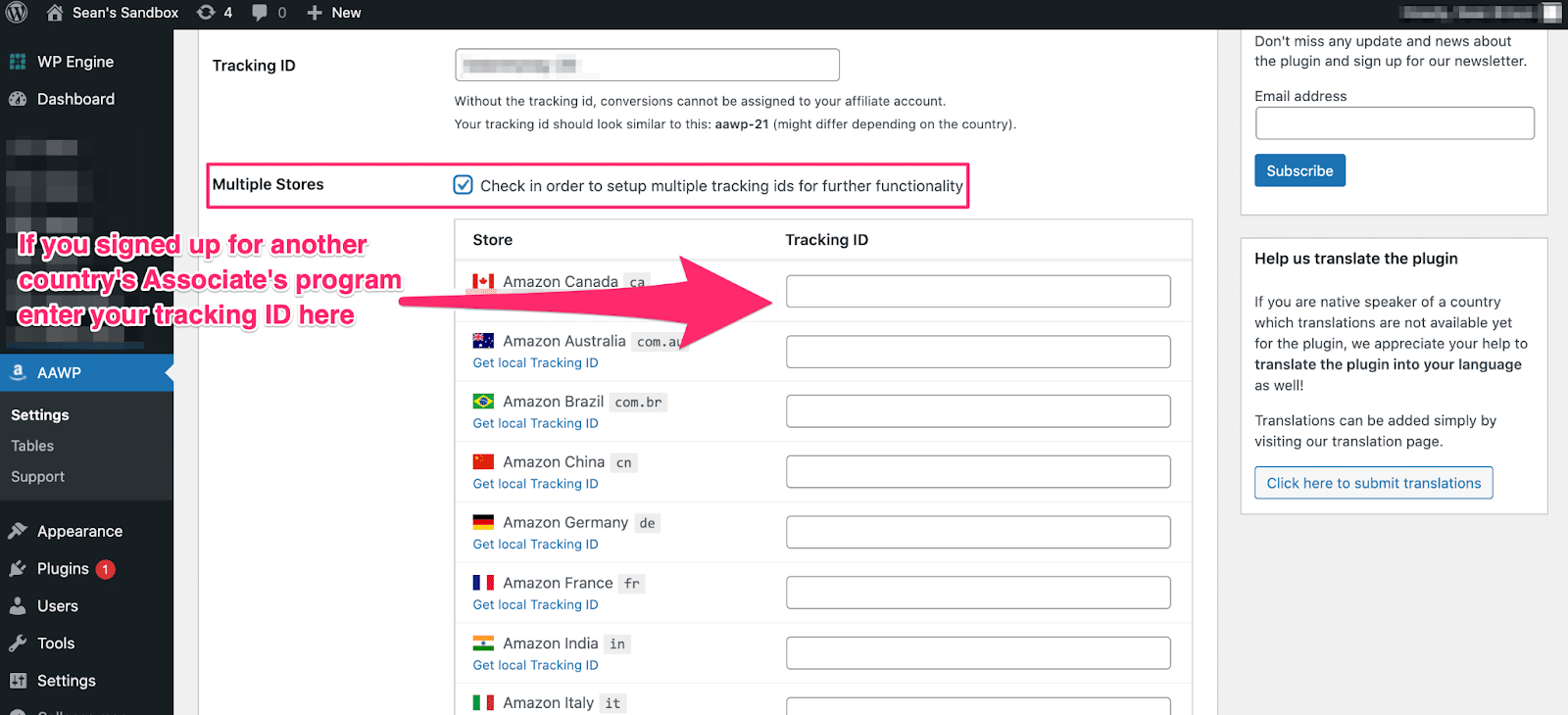 adding foreign country amazon tracking ids inside aawp in wordpress