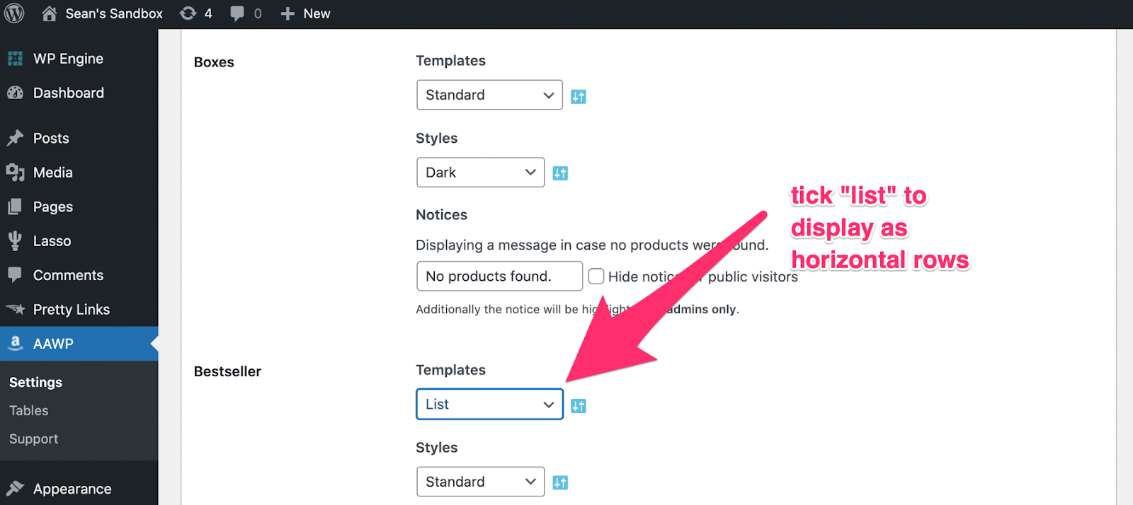 ticking the list box to have bestsellers display as horizontal rows