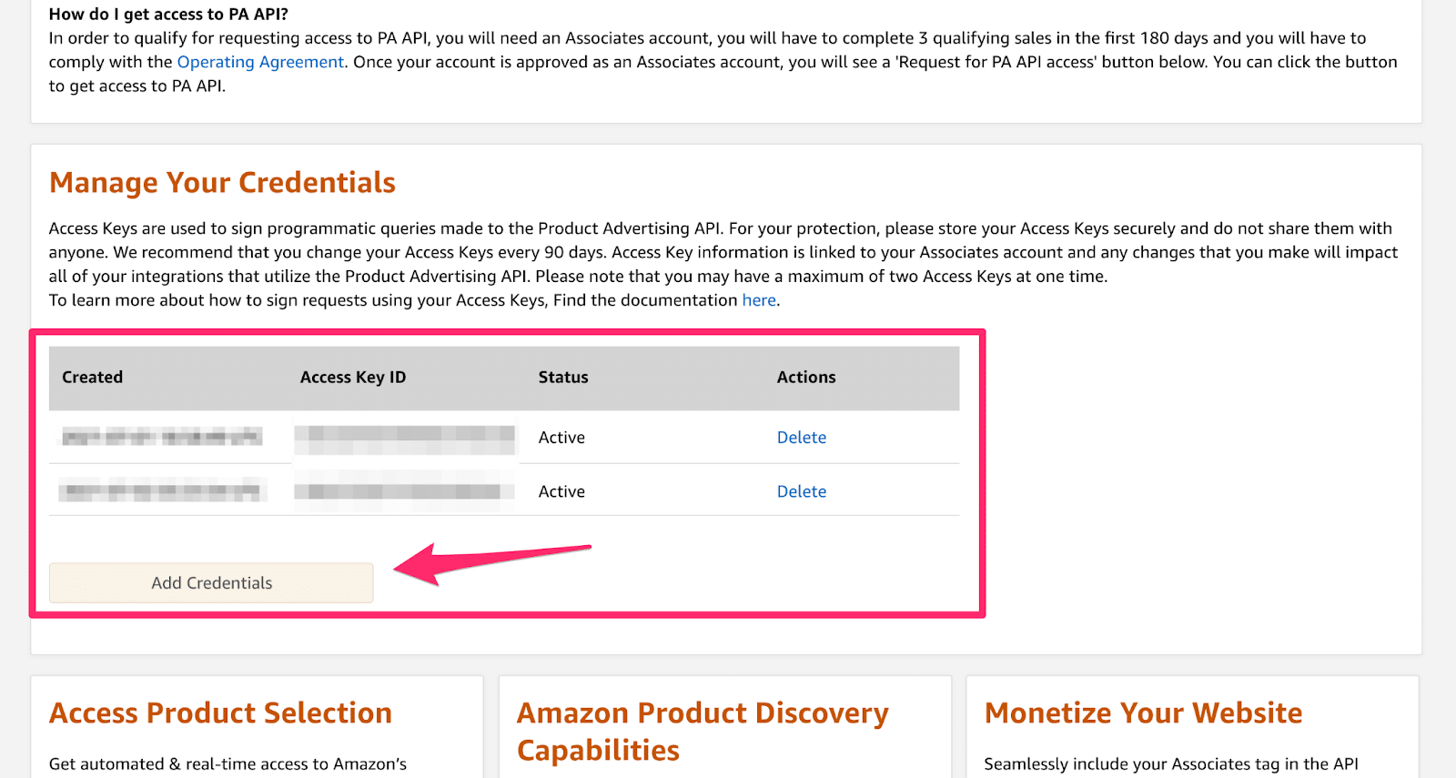 manage your credntials section in amazon associates page for api keys