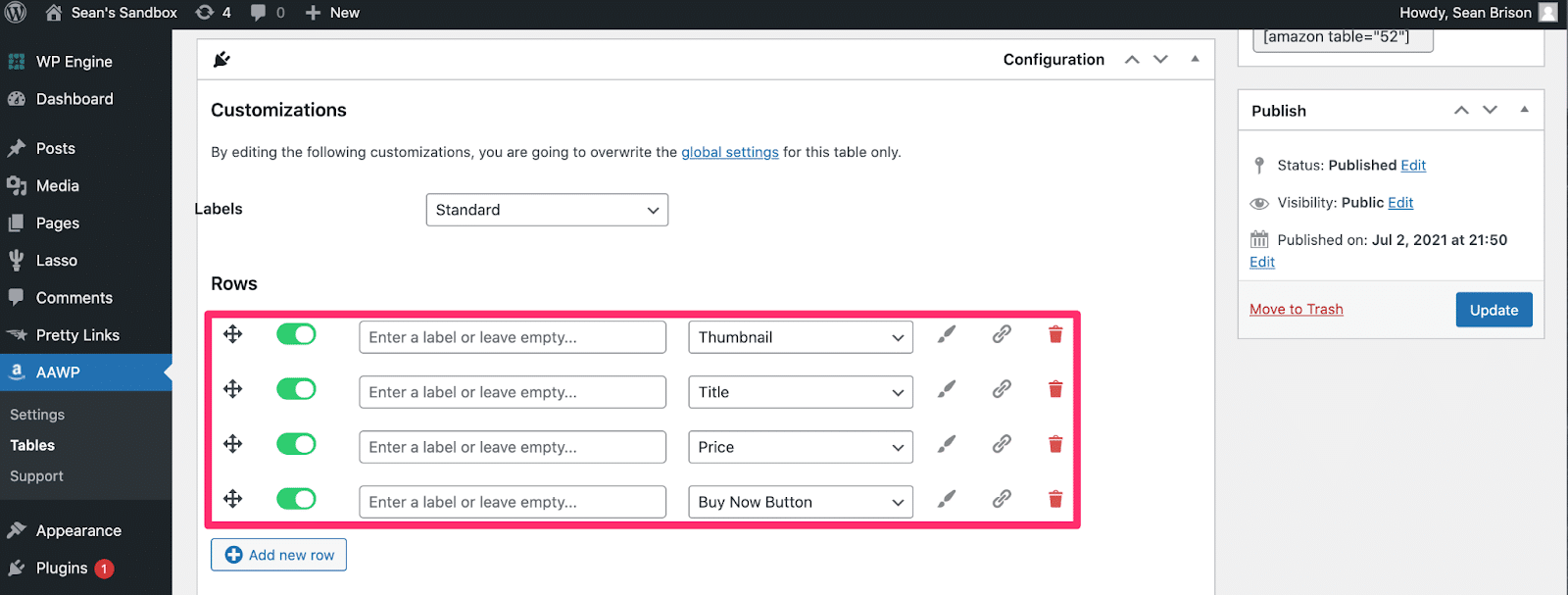 how aawp tables look on the backend of wordpress