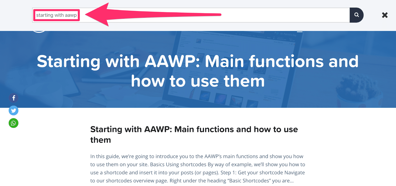 aawp search function on website for finding help docs